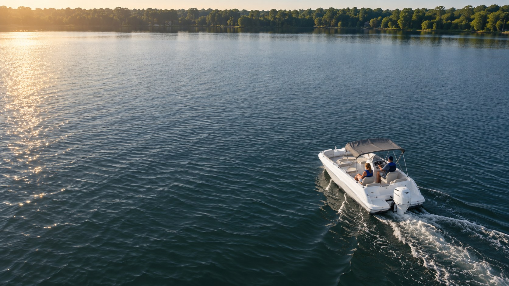 Photographic illustration inspired by CFBA’s deck boat on a peaceful Florida lake at sunrise